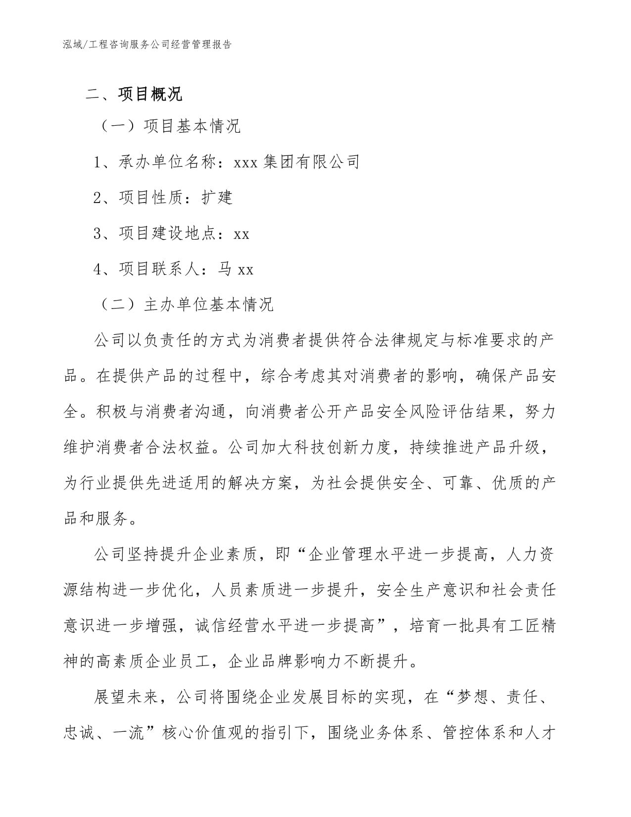 工程咨询服务公司经营管理报告